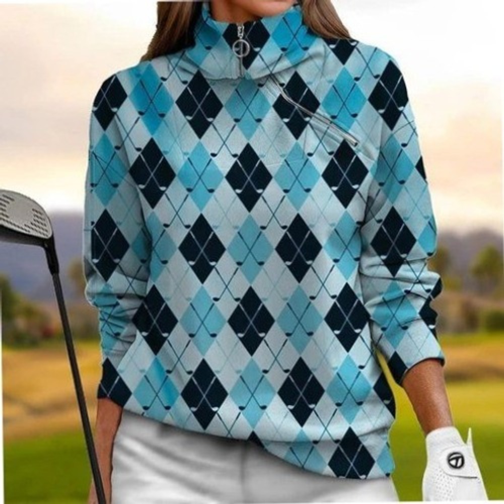 ACEGOLFS Golf Pullover Womens M Blue Quarter Zip Sweatshirt Argyle Side Zip